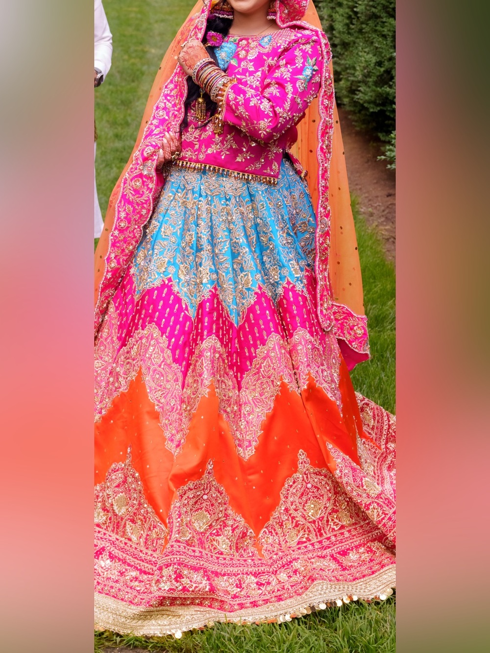 Embroidered Multi-Color Maxi Skirt - Pink, Blue & peach color pishwas